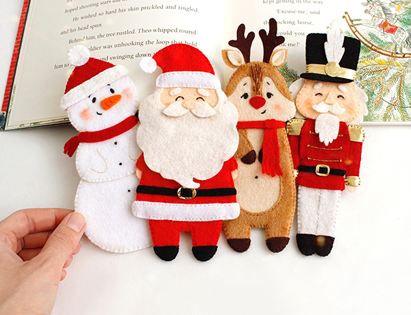 Felt hand sewn PDF tutorials with patterns by FeltCraftsFairyland - Snowman, Santa Claus, Reindeer Rudolf and Nutcracker hand sewn bookmarks and ornaments