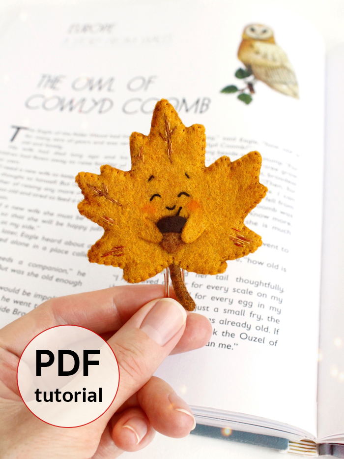 Felt maple leaf bookmark pattern PDF with acorn