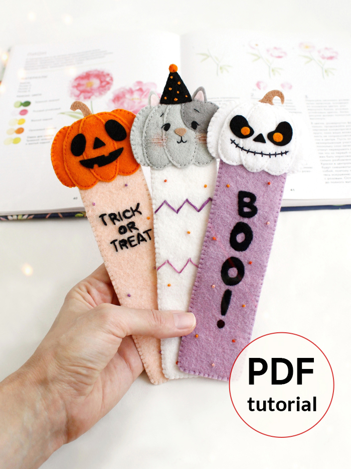 Three felt Halloween bookmarks with pumpkin and cat designs, PDF sewing tutorial