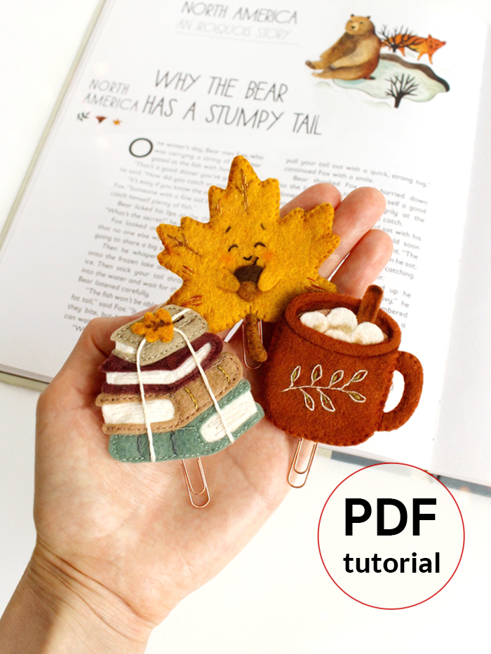 Felt autumn bookmark pattern set with maple leaf, mug, and book stack