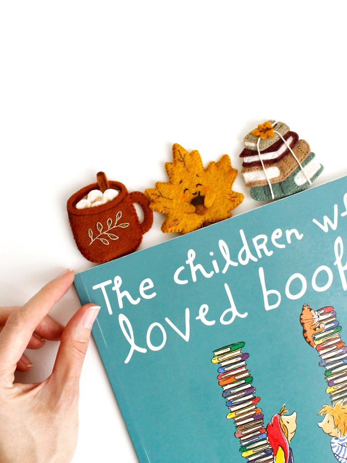 Three felt paper clip bookmarks from an autumn sewing pattern set