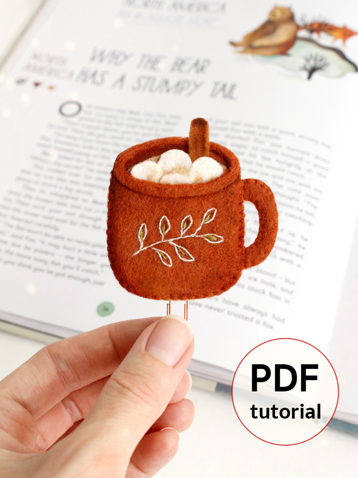 Felt cozy mug bookmark pattern PDF with marshmallows