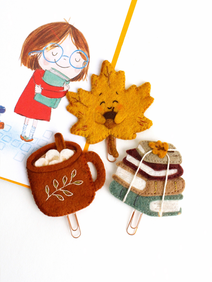 Three handmade felt autumn bookmarks in different shapes