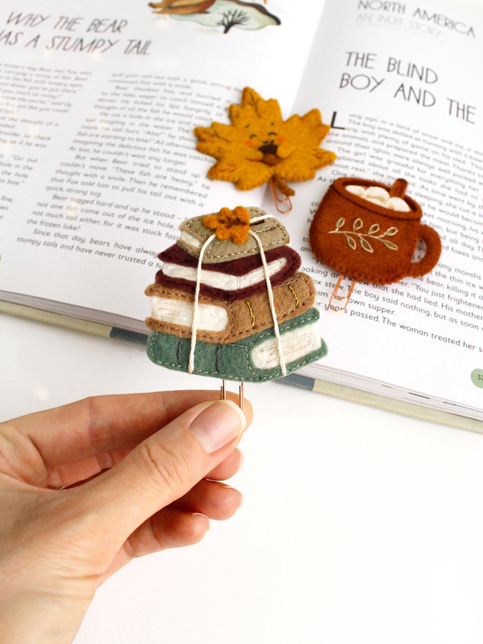 Felt book stack bookmark made from printable sewing pattern